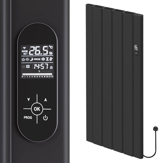 608 x 1600mm Smart Wifi Electric Panel Radiator - 2000W Black Vertical Aluminium