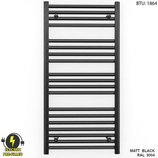 600mm x 1000mm Straight Matt Black Electric Pre-Filled Heated Towel Rail Radiator