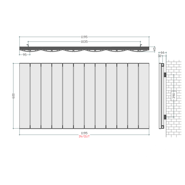 1195mm Wide - 600mm High Black Horizontal Aluminium Designer Radiator