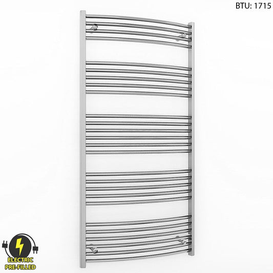 600mm x 1400mm Curved Chrome Electric Pre-Filled Heated Towel Rail Radiator
