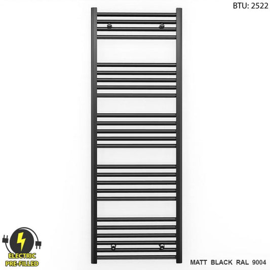 600mm x 1400mm Straight Matt Black Electric Pre-Filled Heated Towel Rail Radiator