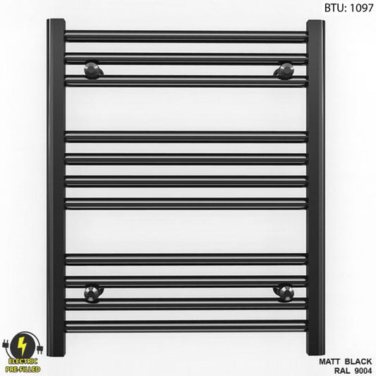 600mm x 600mm Straight Matt Black Electric Pre-Filled Heated Towel Rail Radiator