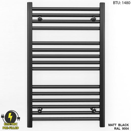 600mm x 800mm Straight Matt Black Electric Pre-Filled Heated Towel Rail Radiator