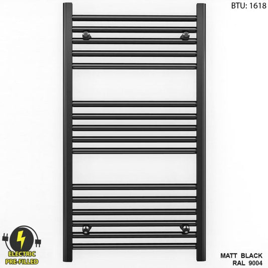 600mm x 900mm Straight Matt Black Electric Pre-Filled Heated Towel Rail Radiator