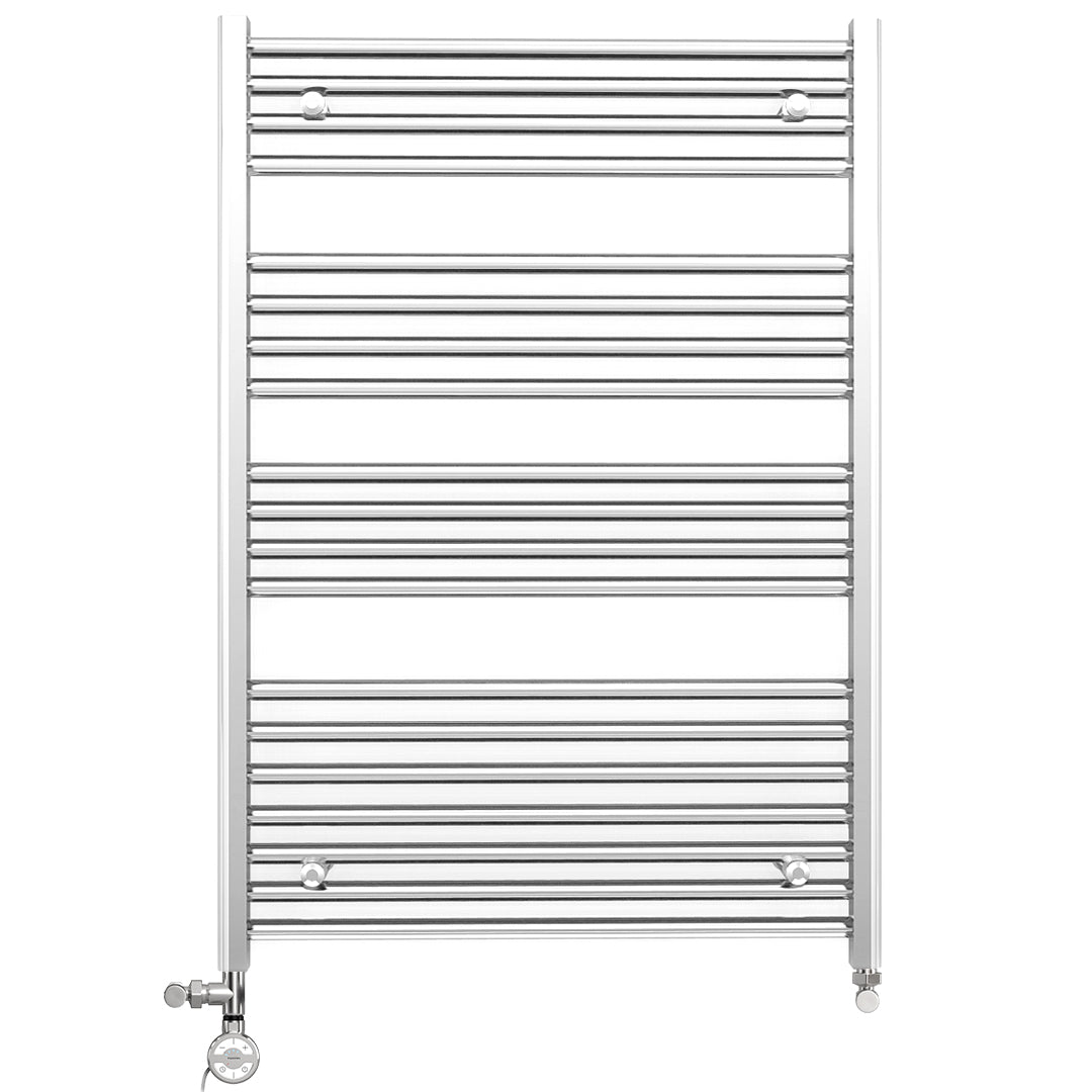 Dual Fuel - 800mm Wide - Flat Chrome Straight  - Heated Towel Rail Radiator - (incl. Valves + Electric Heating Kit)