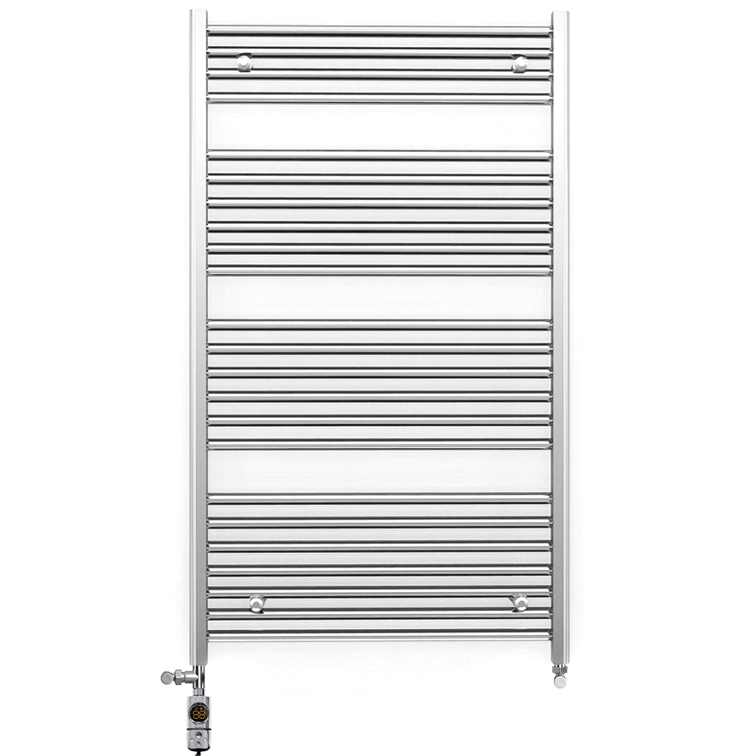 Dual Fuel - 800mm Wide - Flat Chrome Straight  - Heated Towel Rail Radiator - (incl. Valves + Electric Heating Kit)