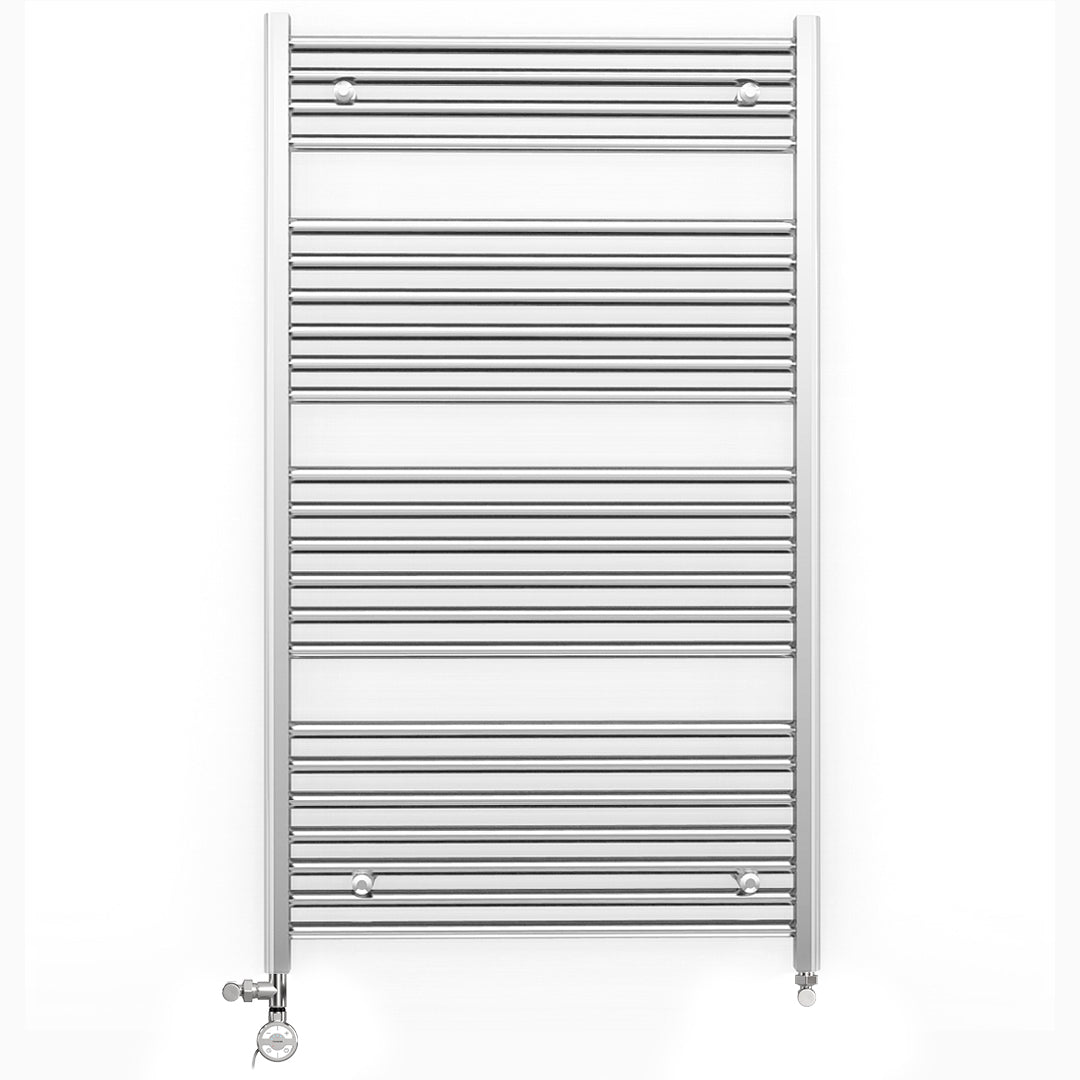 Dual Fuel - 800mm Wide - Flat Chrome Straight  - Heated Towel Rail Radiator - (incl. Valves + Electric Heating Kit)