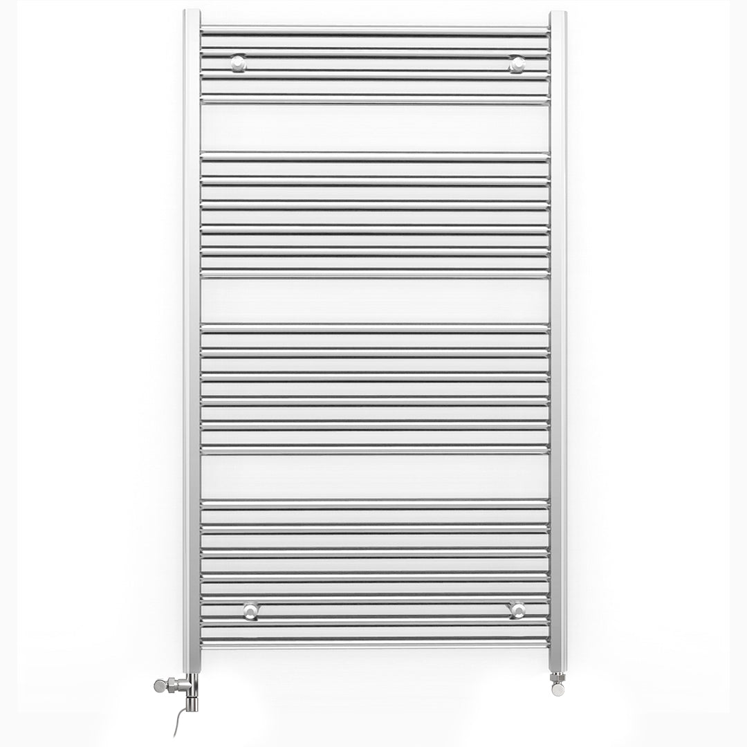 Dual Fuel - 800mm Wide - Flat Chrome Straight  - Heated Towel Rail Radiator - (incl. Valves + Electric Heating Kit)