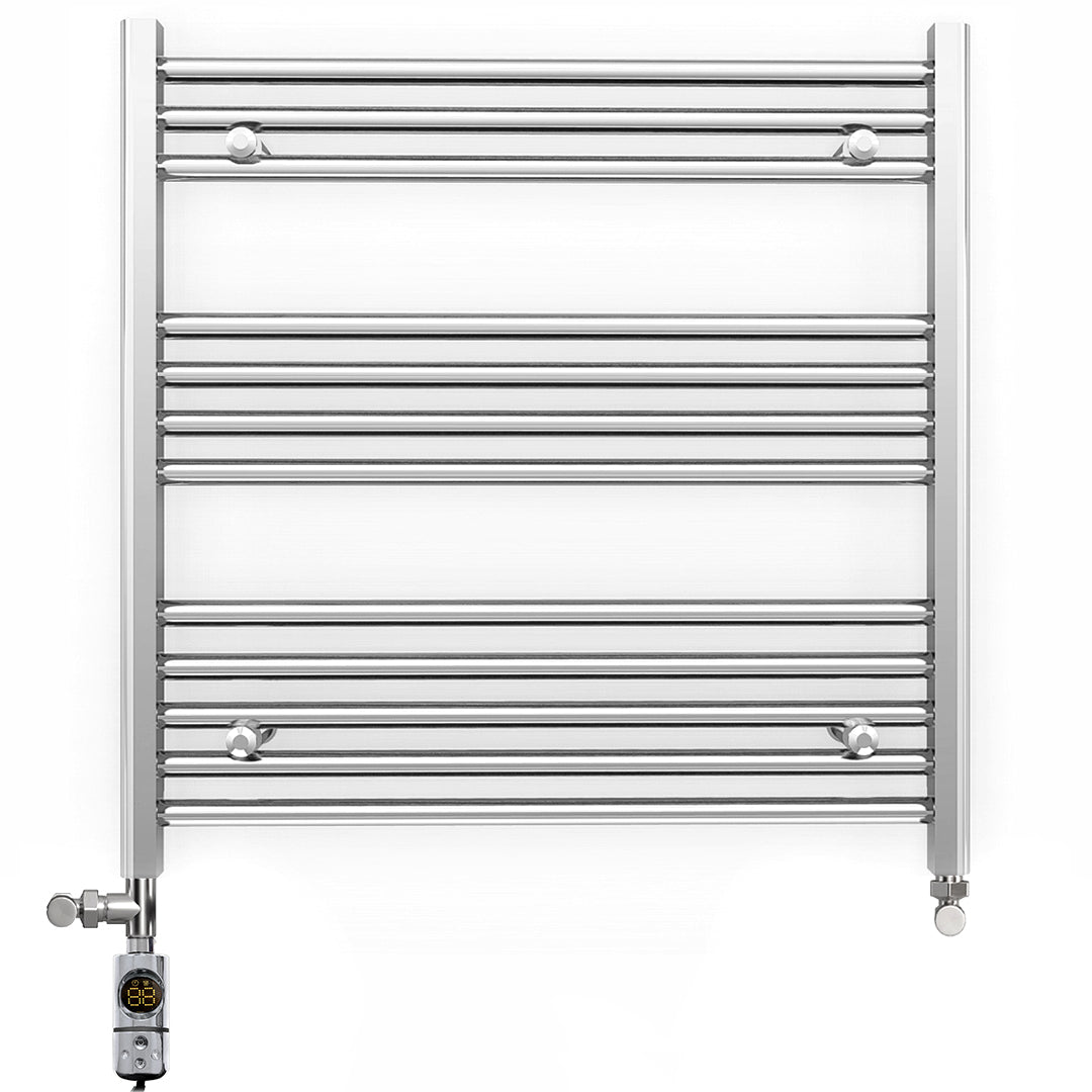 Dual Fuel - 800mm Wide - Flat Chrome Straight  - Heated Towel Rail Radiator - (incl. Valves + Electric Heating Kit)