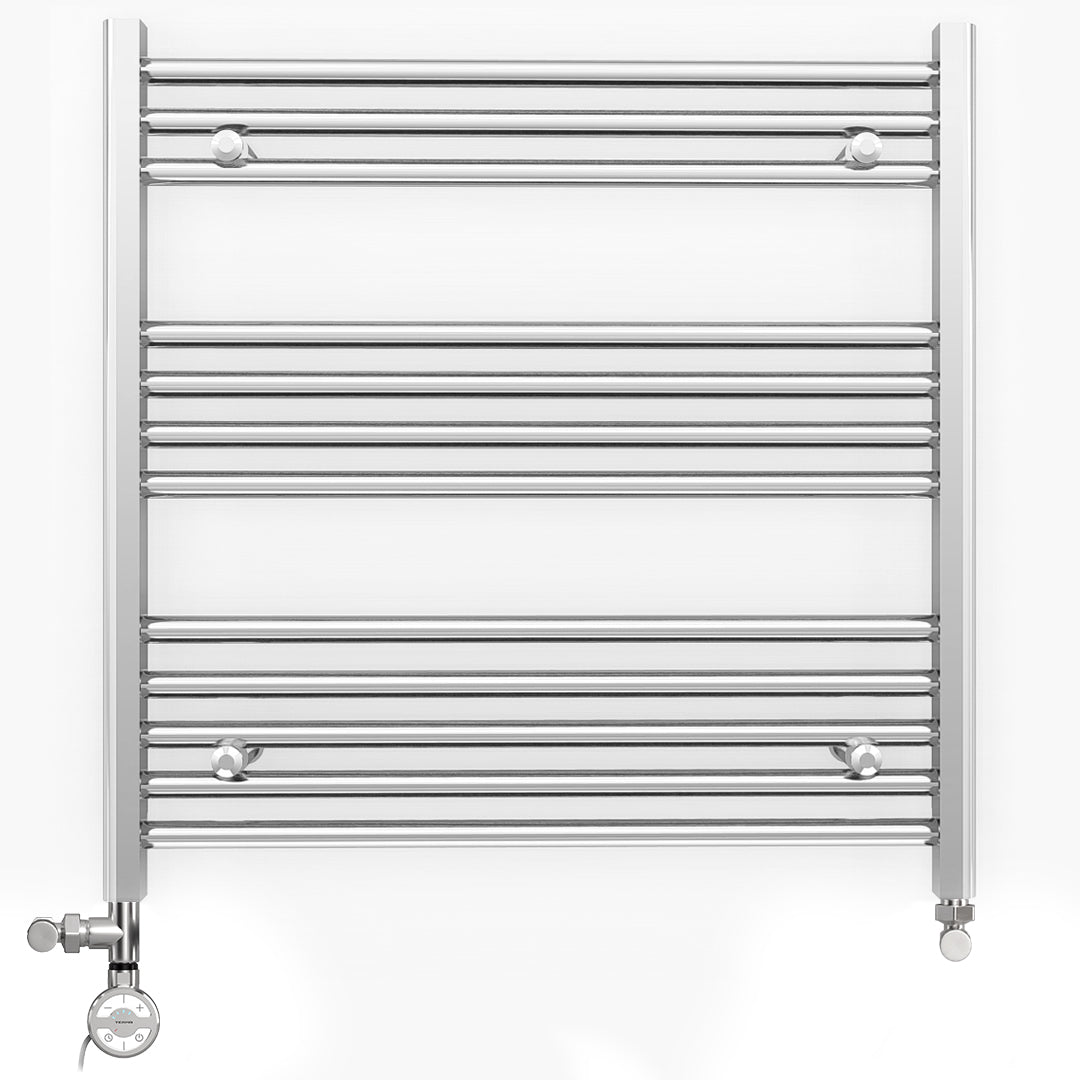 Dual Fuel - 800mm Wide - Flat Chrome Straight  - Heated Towel Rail Radiator - (incl. Valves + Electric Heating Kit)