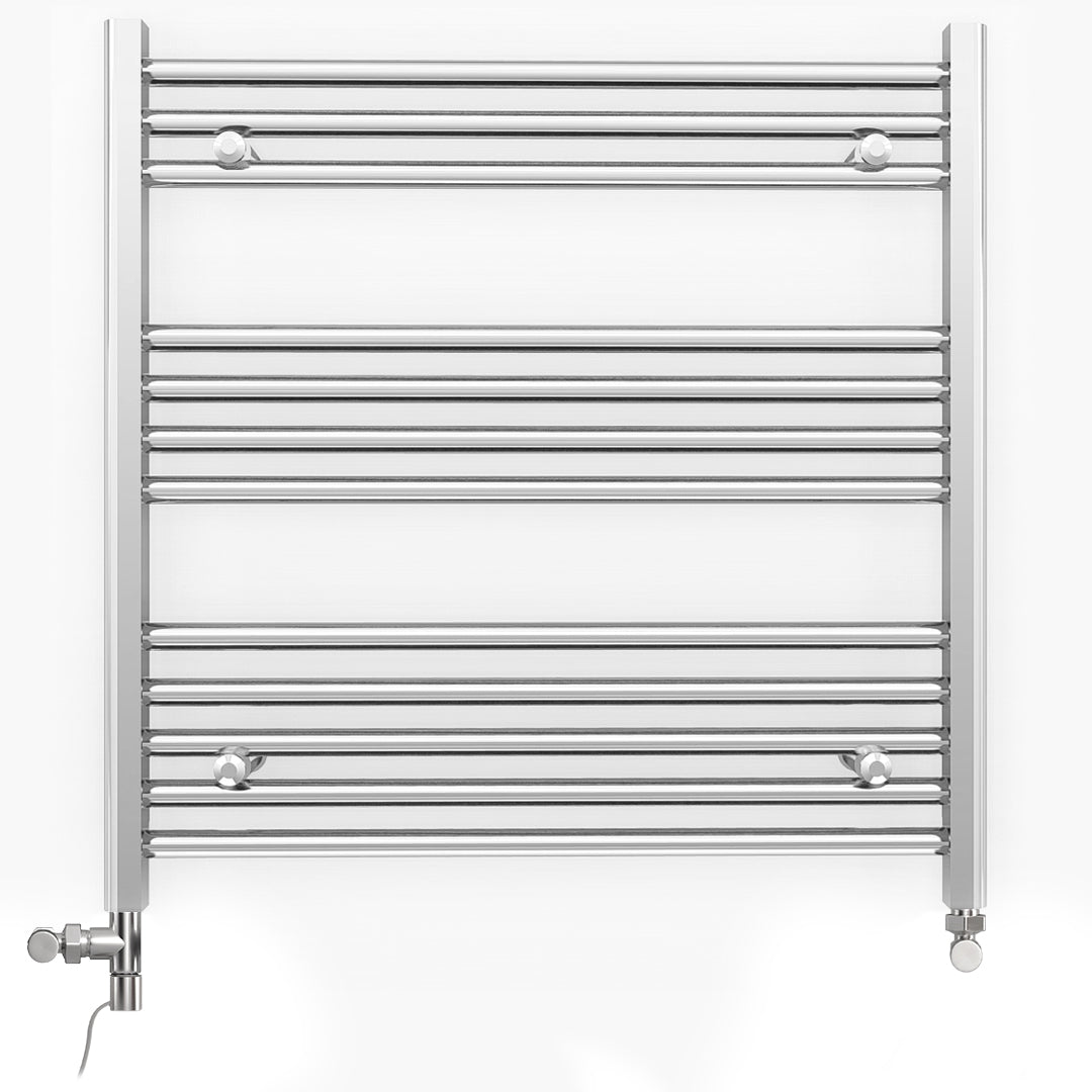 Dual Fuel - 800mm Wide - Flat Chrome Straight  - Heated Towel Rail Radiator - (incl. Valves + Electric Heating Kit)