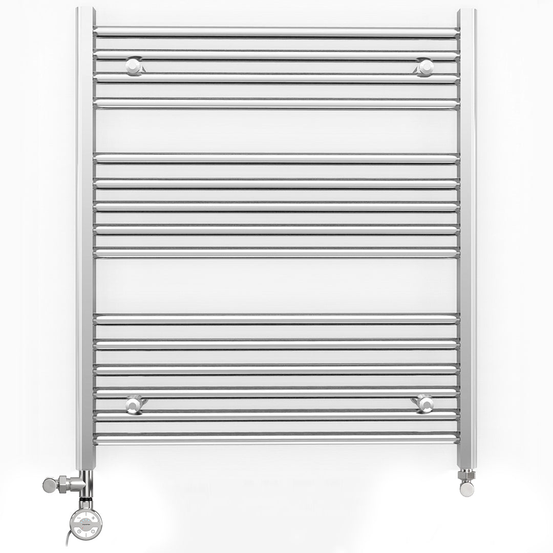 Dual Fuel - 800mm Wide - Flat Chrome Straight  - Heated Towel Rail Radiator - (incl. Valves + Electric Heating Kit)