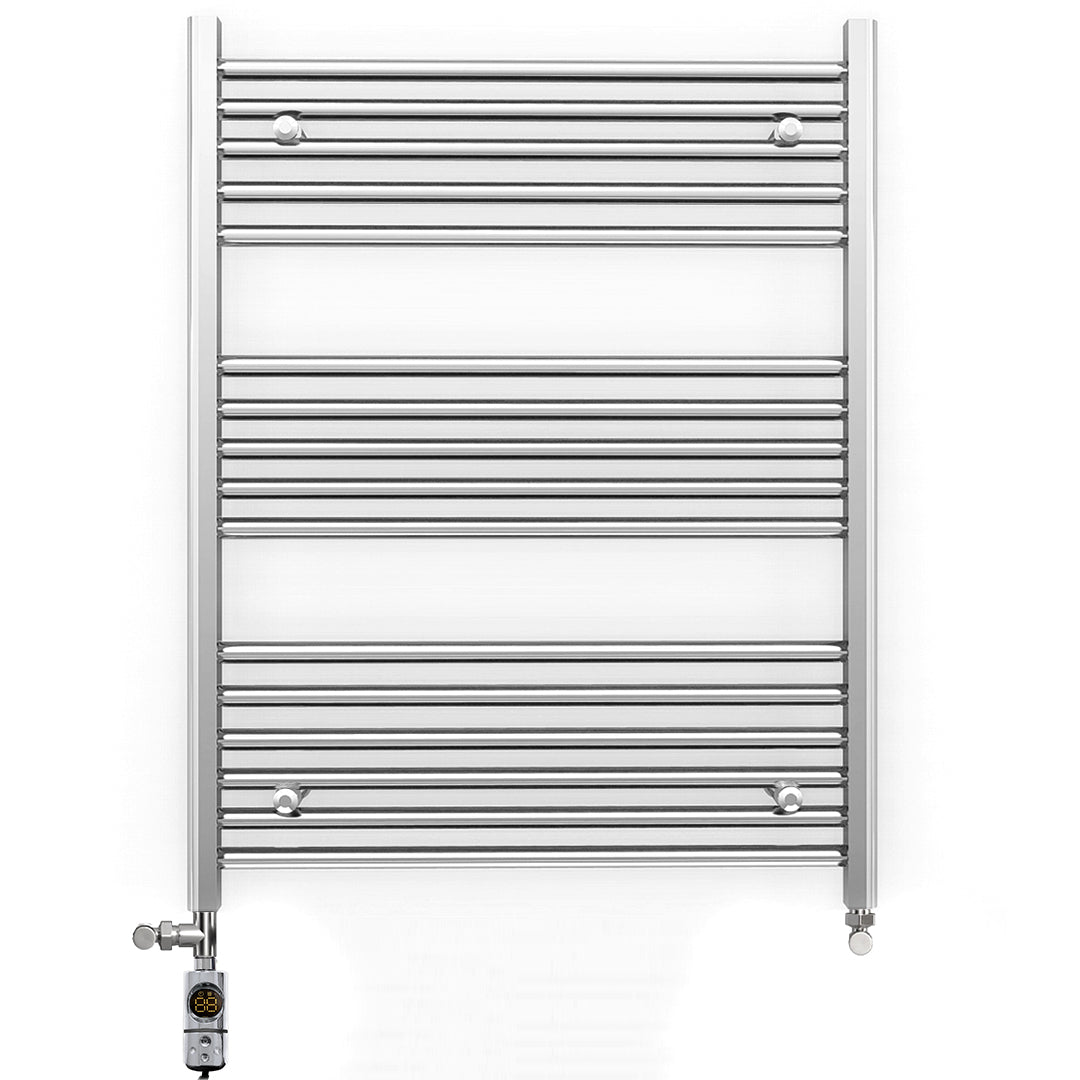 Dual Fuel - 800mm Wide - Flat Chrome Straight  - Heated Towel Rail Radiator - (incl. Valves + Electric Heating Kit)