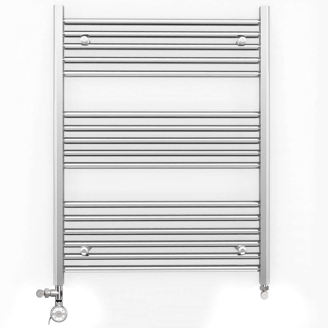 Dual Fuel - 800mm Wide - Flat Chrome Straight  - Heated Towel Rail Radiator - (incl. Valves + Electric Heating Kit)