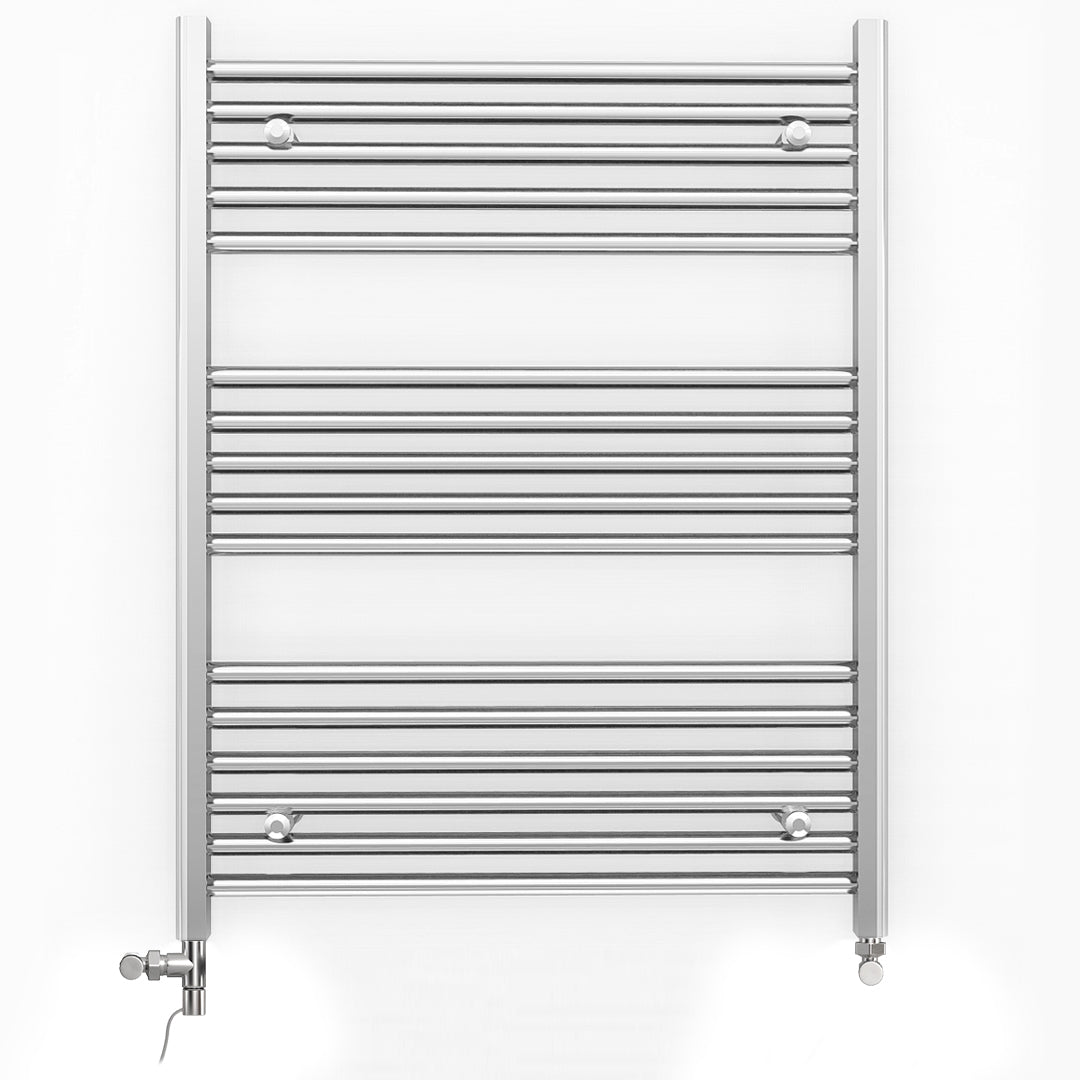 Dual Fuel - 800mm Wide - Flat Chrome Straight  - Heated Towel Rail Radiator - (incl. Valves + Electric Heating Kit)