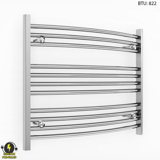 700mm x 600mm Curved Chrome Electric Pre-Filled Heated Towel Rail Radiator