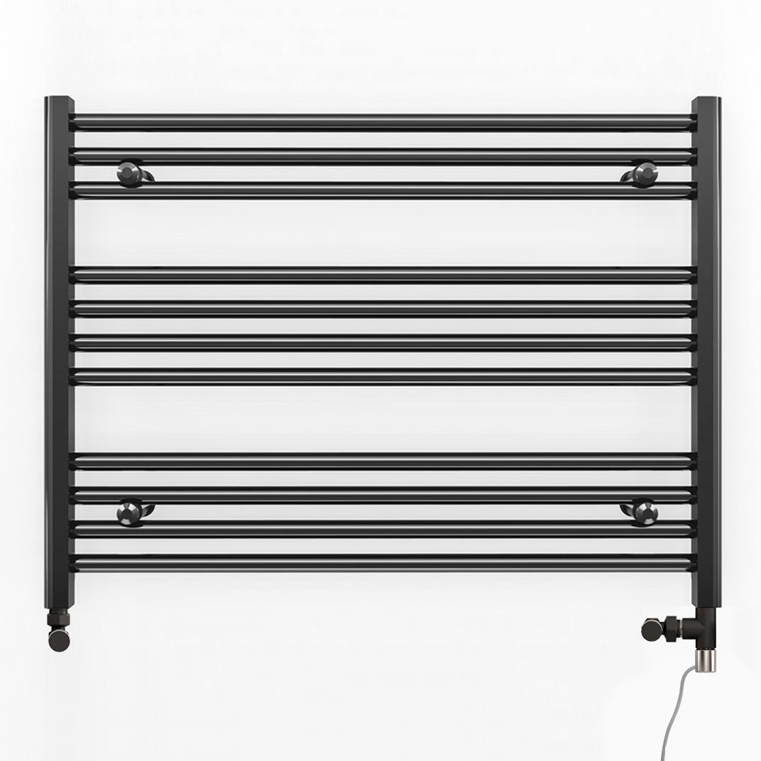 Dual Fuel 800mm x 600mm Straight Matt Matt Black Heated Towel Rail - (incl. Valves + Electric Heating Kit)