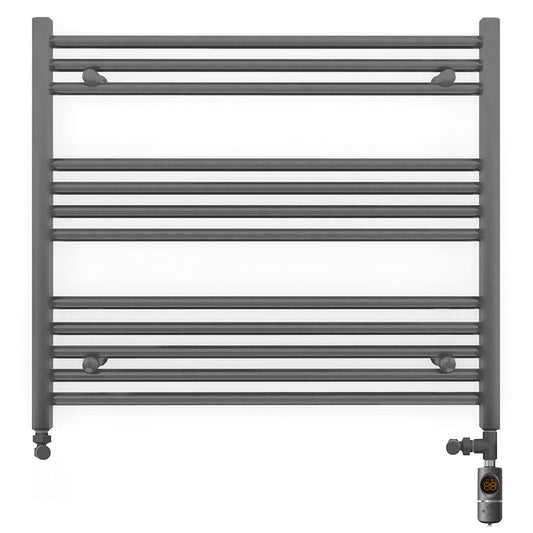 Dual Fuel 900mm x 700mm Straight Anthracite Grey Heated Towel Rail - (incl. Valves + Electric Heating Kit)