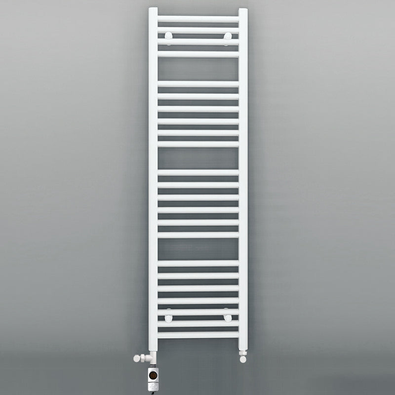 Dual Fuel 550mm x 1200mm Straight White Heated Towel Rail - (incl. Valves + Electric Heating Kit)