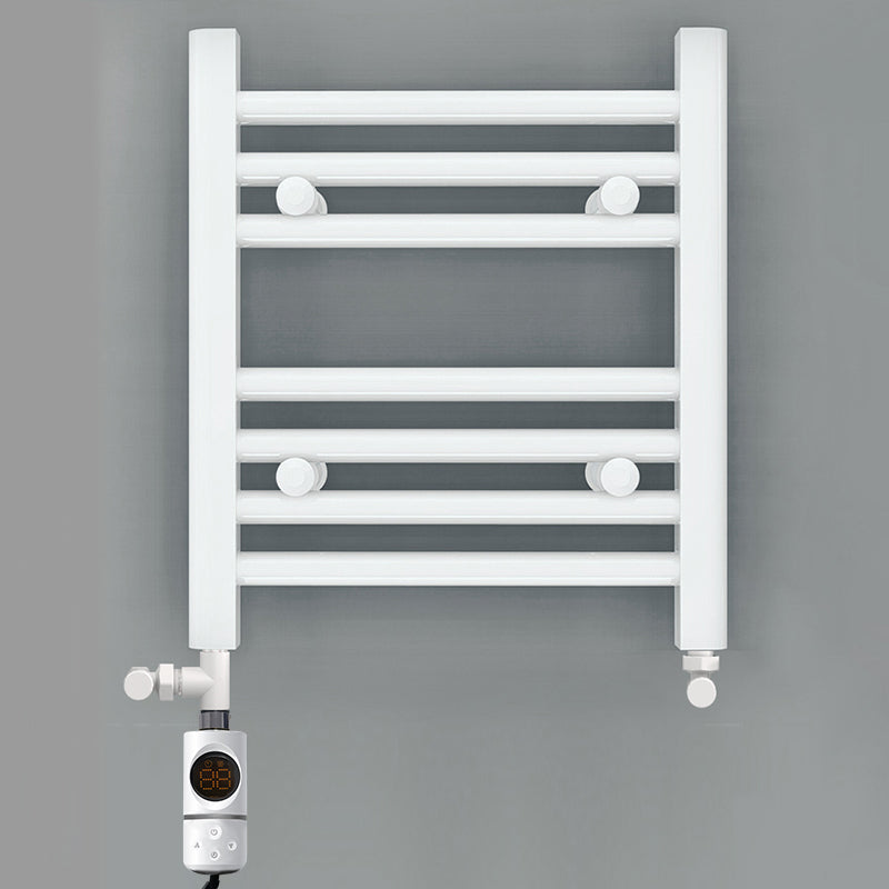 Small Dual Fuel 300mm x 400mm Straight White Heated Towel Rail - (incl. Valves + Electric Heating Kit)