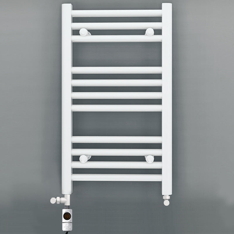 Small Dual Fuel 300mm x 600mm Straight White Heated Towel Rail - (incl. Valves + Electric Heating Kit)