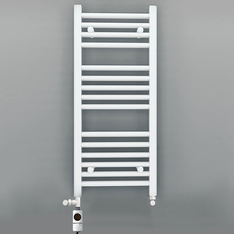 Dual Fuel - 400mm Wide - Straight Flat White- Heated Towel Rail - (incl. Valves + Electric Heating Kit)