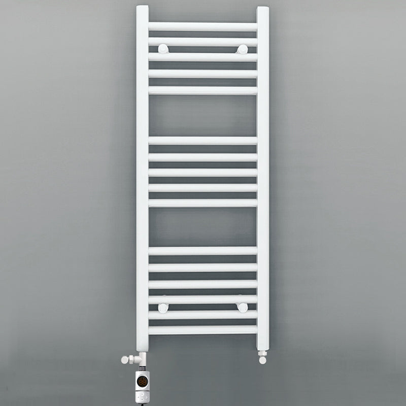 Small Dual Fuel 300mm x 900mm Straight White Heated Towel Rail - (incl. Valves + Electric Heating Kit)