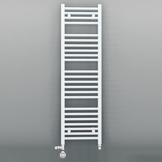Dual Fuel 400mm x 1200mm Straight White Heated Towel Rail - (incl. Valves + Electric Heating Kit)