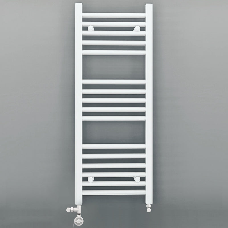 Dual Fuel - 300mm Wide - Straight Flat White- Heated Towel Rail - (incl. Valves + Electric Heating Kit)