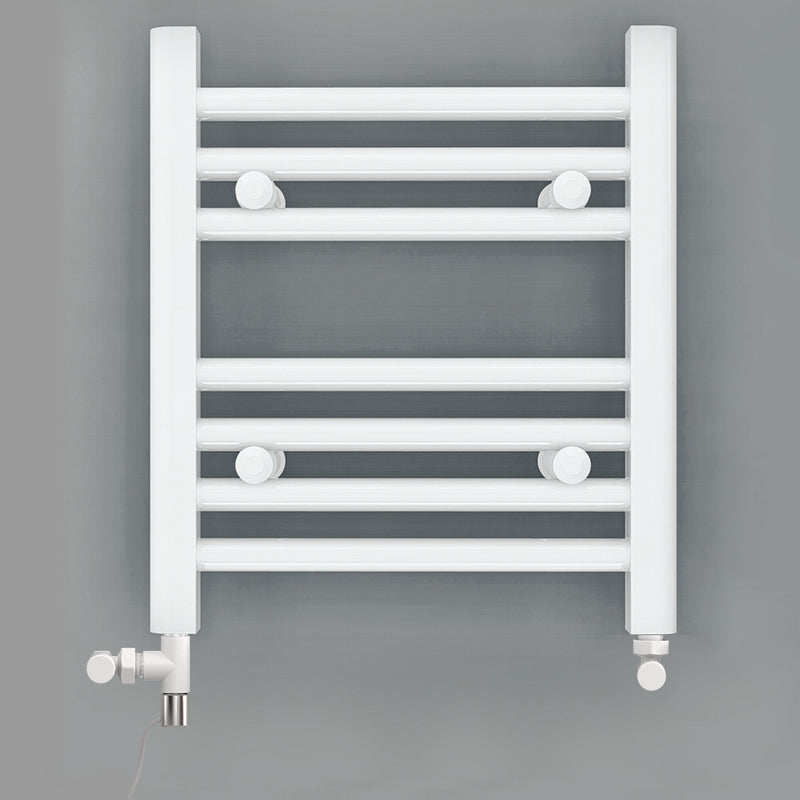 Small Dual Fuel 300mm x 400mm Straight White Heated Towel Rail - (incl. Valves + Electric Heating Kit)