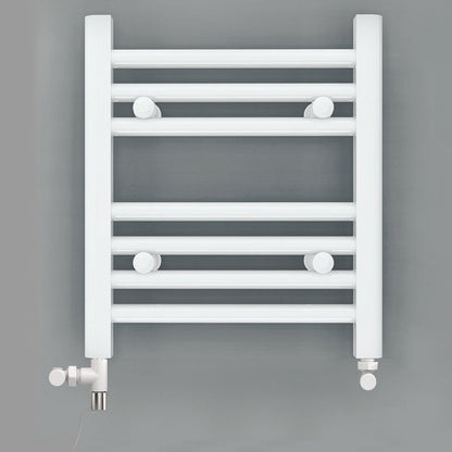 Small Dual Fuel 300mm x 400mm Straight White Heated Towel Rail - (incl. Valves + Electric Heating Kit)