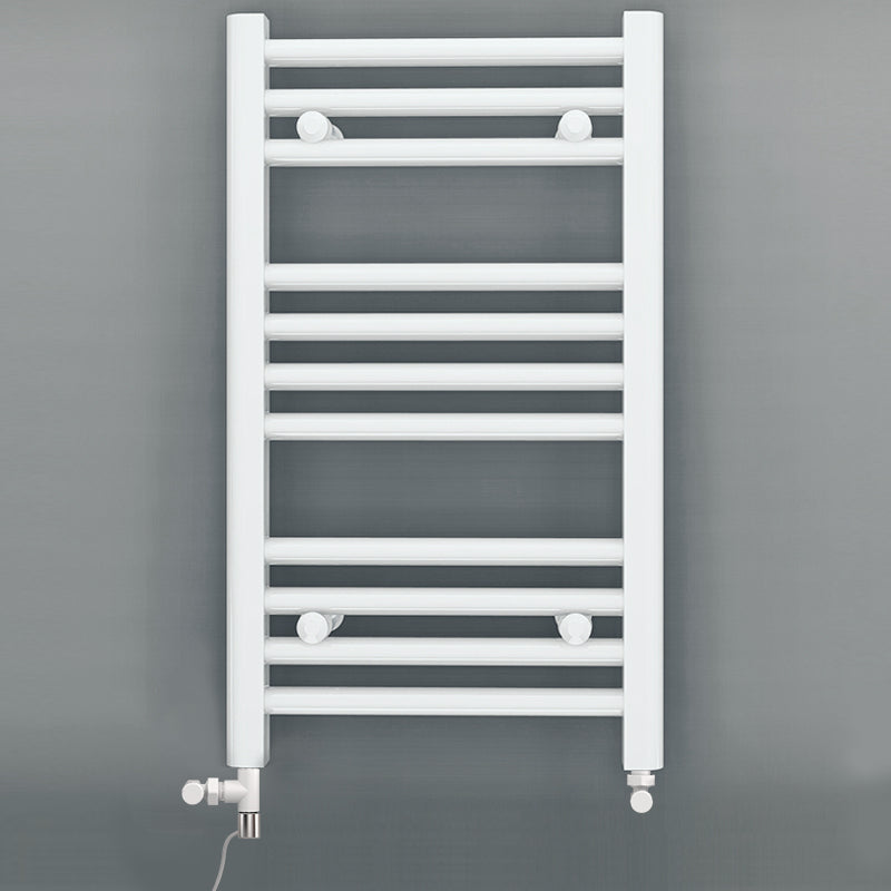 Small Dual Fuel 300mm x 600mm Straight White Heated Towel Rail - (incl. Valves + Electric Heating Kit)