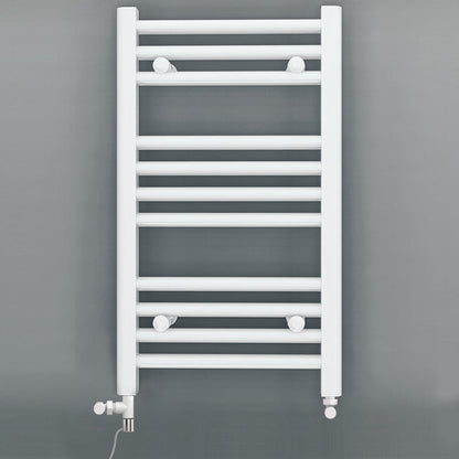 Small Dual Fuel 300mm x 600mm Straight White Heated Towel Rail - (incl. Valves + Electric Heating Kit)