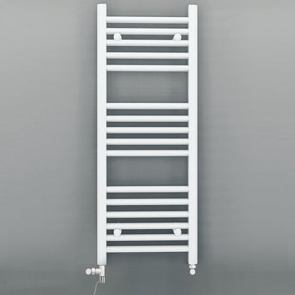 Small Dual Fuel 300mm x 900mm Straight White Heated Towel Rail - (incl. Valves + Electric Heating Kit)