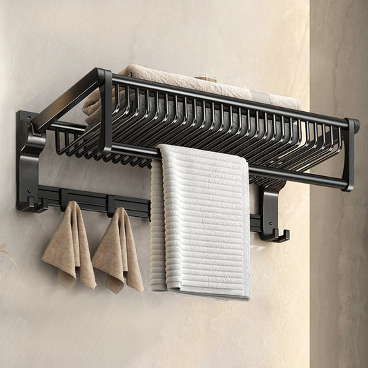 Black Wall Mounted Towel Rail Holder - Rack Shelf with Mesh