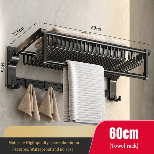 Black Wall Mounted Towel Rail Holder - Rack Shelf with Mesh