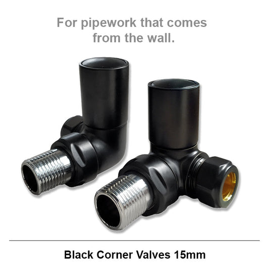 15mm Modern Black Round Corner Radiator Valves (Pair)