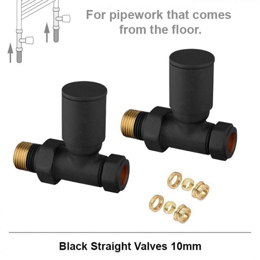 10mm Modern Straight Radiator Valves - Matt Black (Pair)