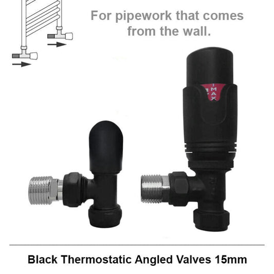 15mm Modern Matt Black Angled Thermostatic Radiator Valves (Pair)