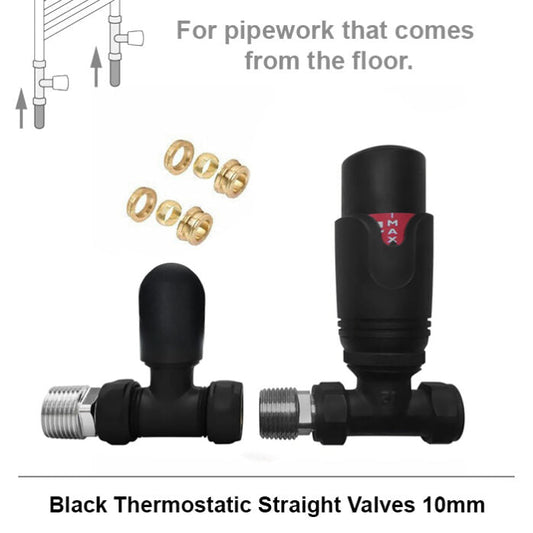 10mm Modern Matt Black Straight Thermostatic Radiator Valves (Pair)