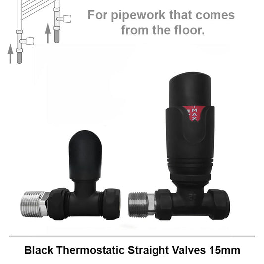 15mm Modern Matt Black Straight Thermostatic Radiator Valves (Pair)