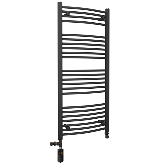 500mm x 1200mm Dual Fuel Curved Matt Black Heated Towel Rail Radiator