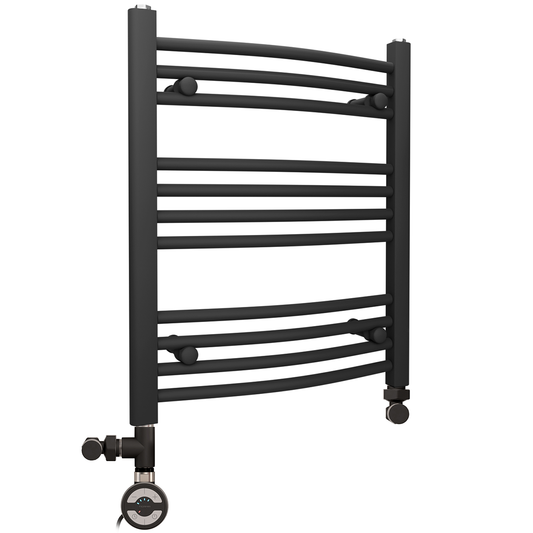 450mm x 600mm Dual Fuel Small Curved Matt Black Heated Towel Rail Radiator