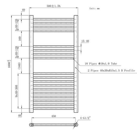 500 x 1000mm White Heated Towel Rail Radiator | Central Heating 19mm Tube