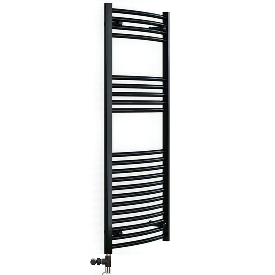 Dual Fuel 600 x 1200mm Matt Black Curved Heated Towel Rail  25mm Tube- (incl. Valves + Electric Heating Kit)