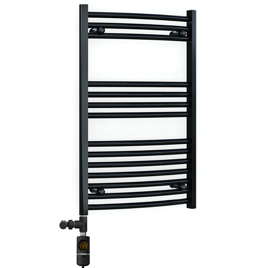 Dual Fuel 600 x 800mm Matt Black Curved Heated Towel Rail 25mm Tube- (incl. Valves + Electric Heating Kit)
