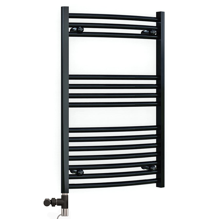 Dual Fuel 600 x 800mm Matt Black Curved Heated Towel Rail 25mm Tube- (incl. Valves + Electric Heating Kit)