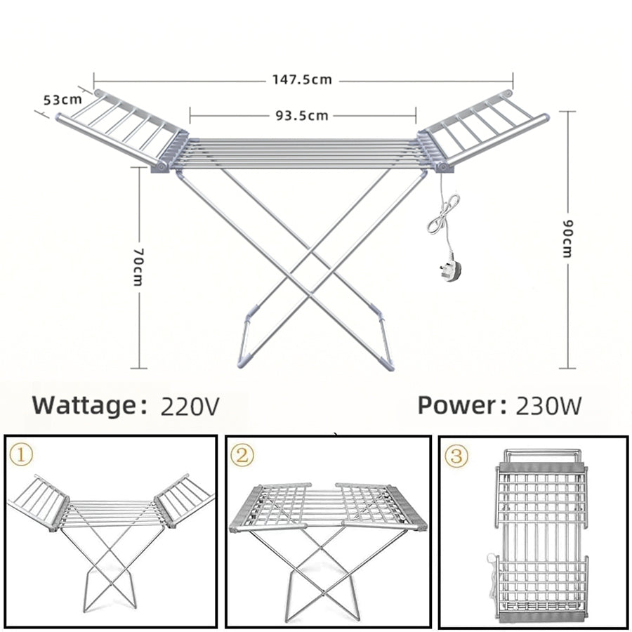 Electric Winged Airer Foldable Laundry Clothes Dryer Indoor Heated Rack