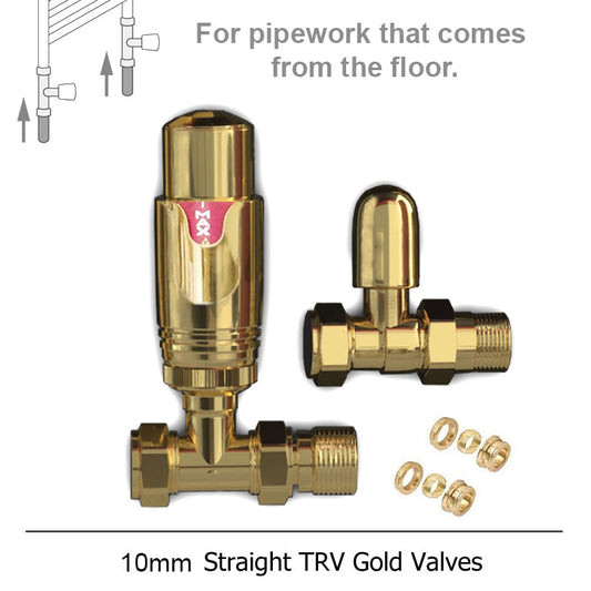 10mm Modern Gold Straight Thermostatic Radiator Valves (Pair)