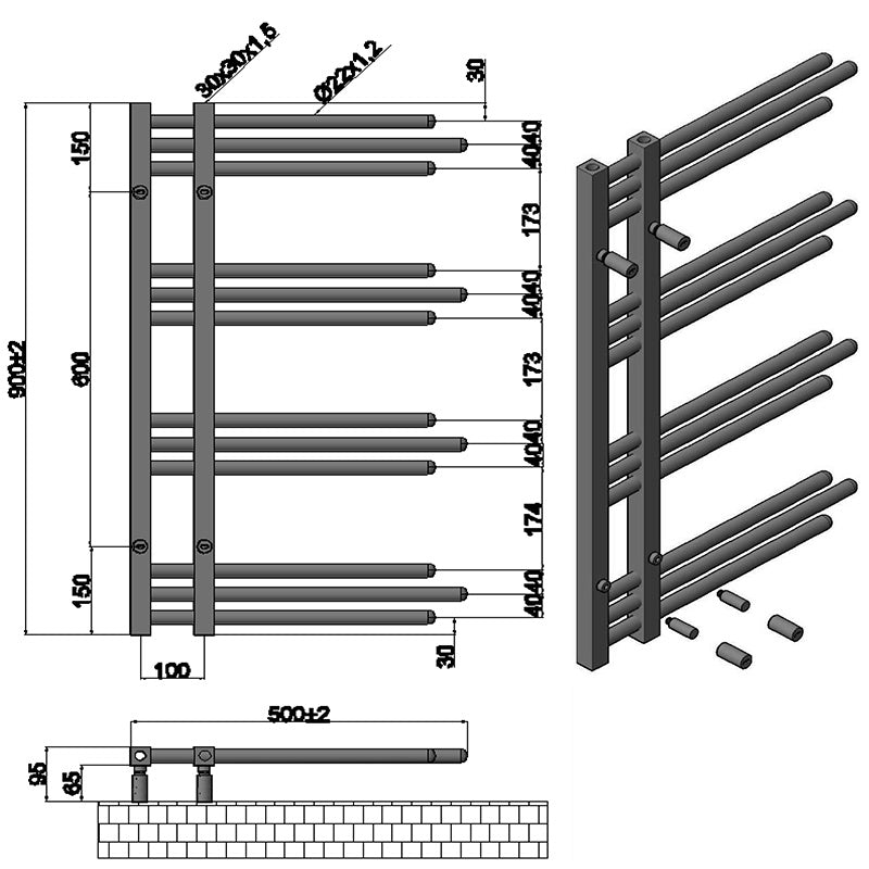 Small 500mm x 900mm Sydney Matt Black Designer Heated Towel Rail Radiator